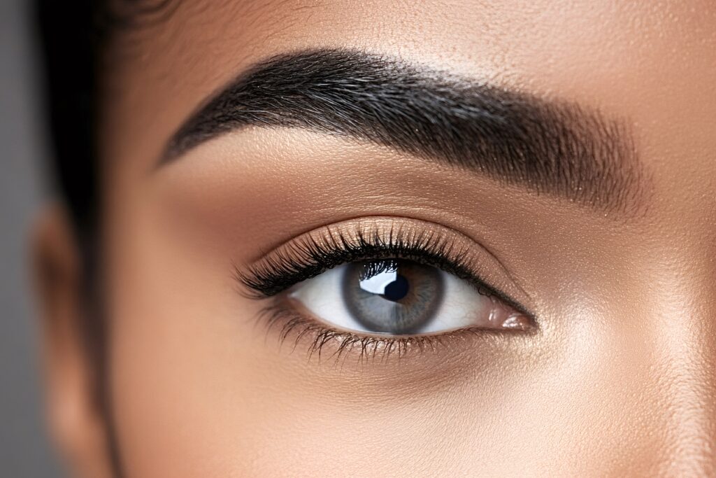 woman showing long eyelashes and perfect eyebrow shape